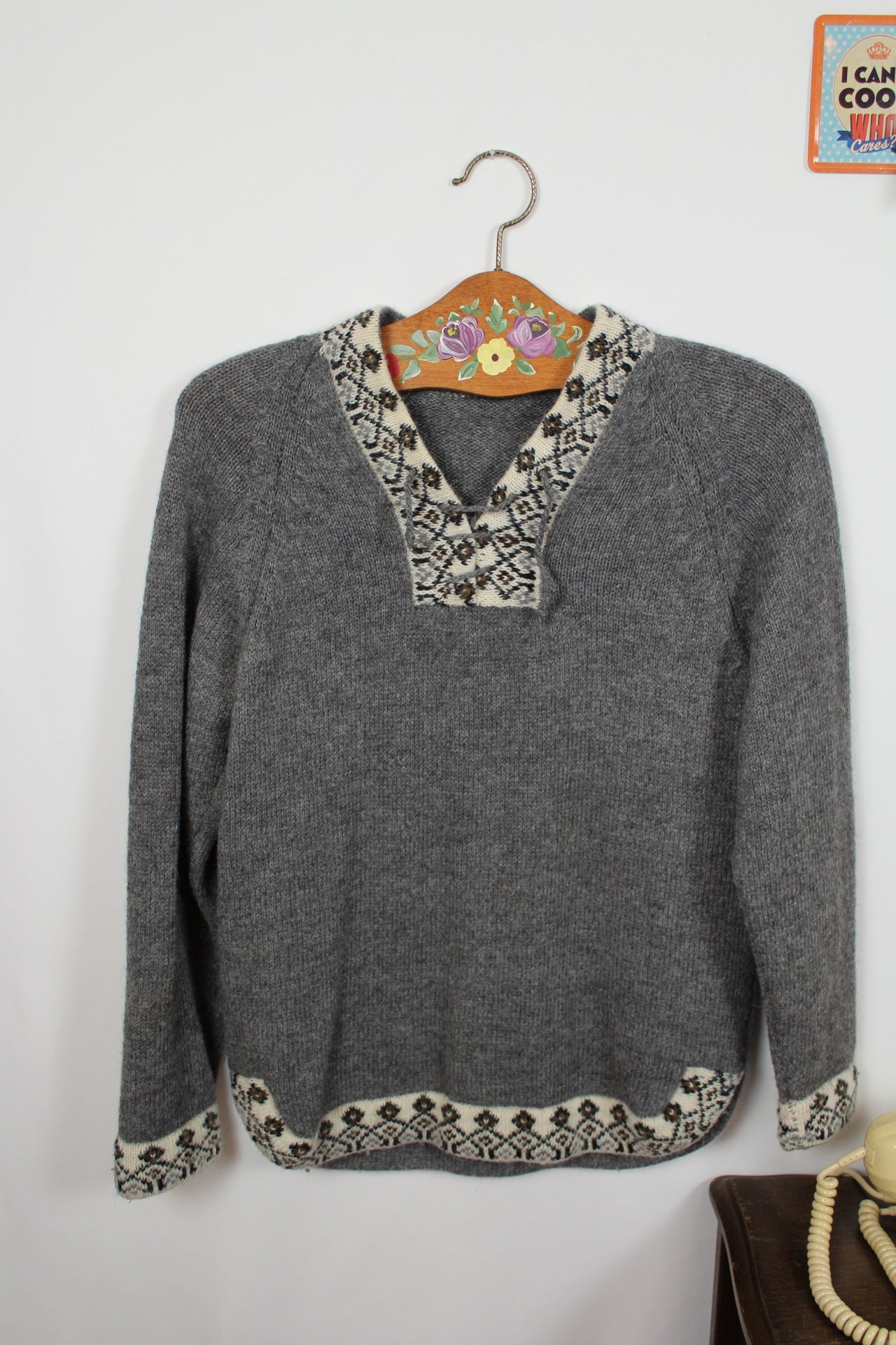 🌸🍒Pull vintage 80's gris motifs jacquard en laine angora - Taille 38🍒🌸