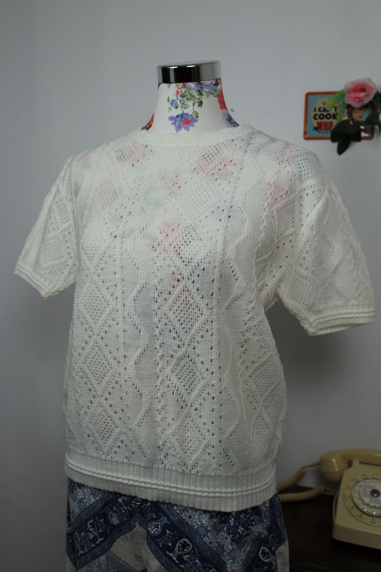 🌸🍒Pull blanc vintage 90's ajouré manches courtes - made in France - Taille 40/42🍒🌸