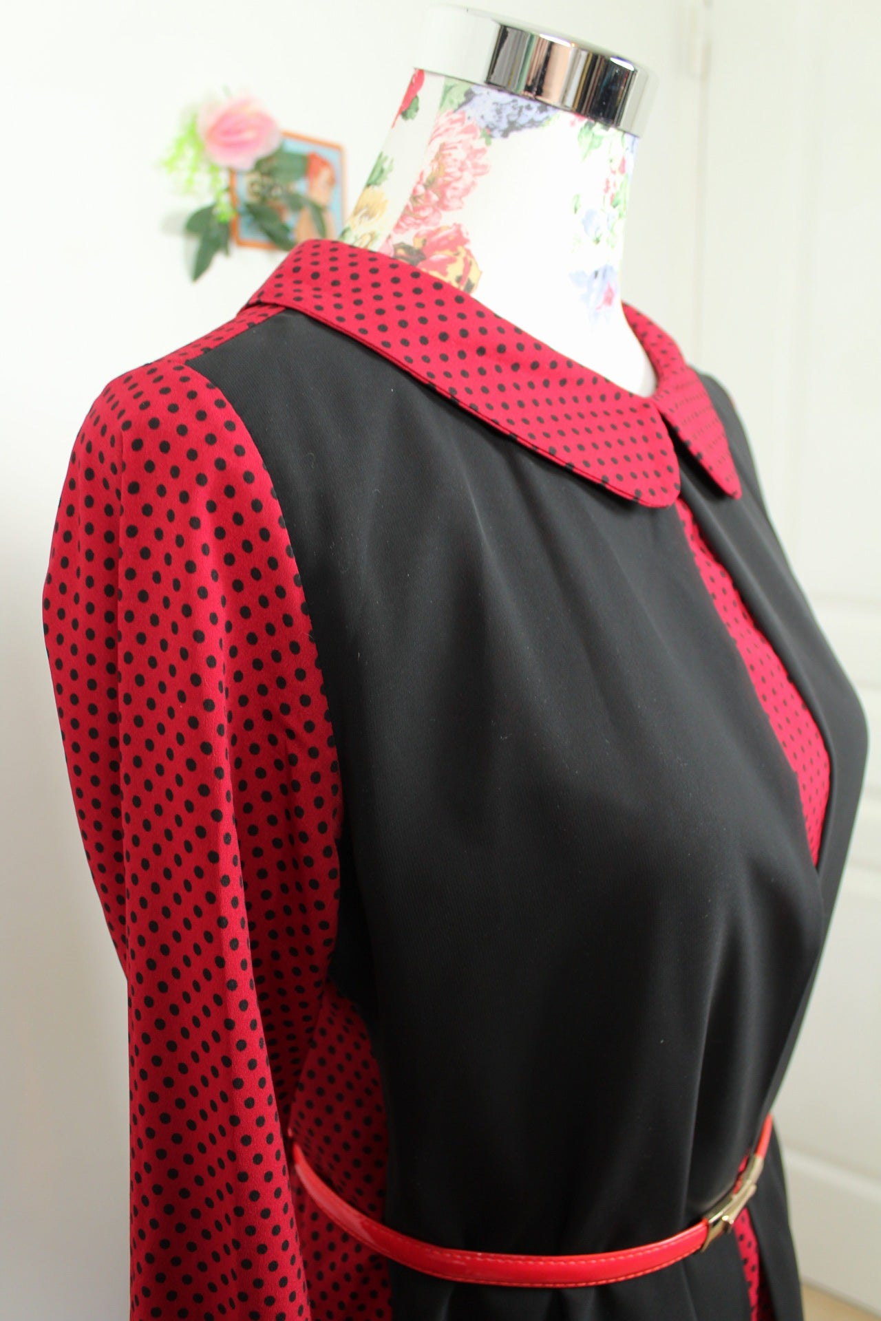 🍒🌸Robe vintage 80's pois rouge & noir - col claudine style pin-up rockabilly - Taille 38/40🌸🍒