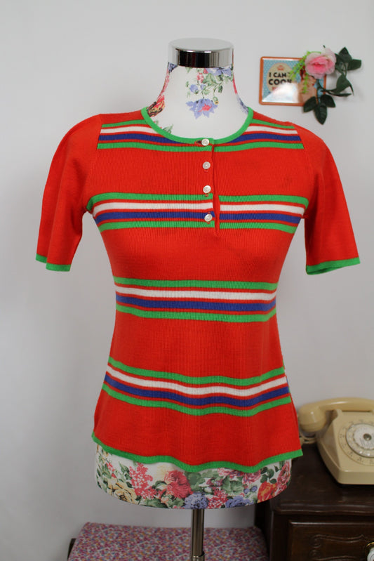 🍒🌸Pull vintage manches courtes 70's - tricot rayé rouge orangé pop - Taille 36🌸🍒