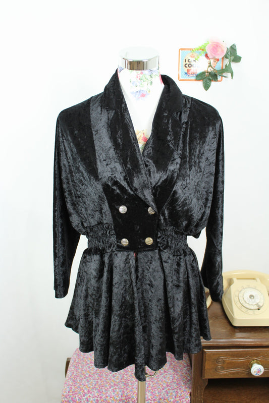 🌸🍒Blouse vintage en velours noir 80's - taille marquée & boutons chic - Taille 40/42🍒🌸