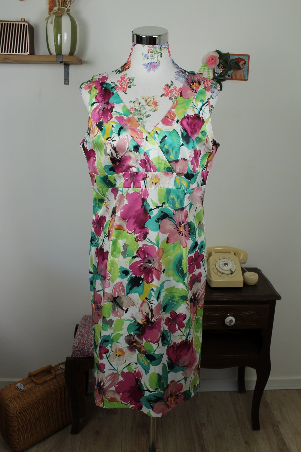 Robe vintage années 80/90 fleure façon aquarelle satinée - Taille 38/40