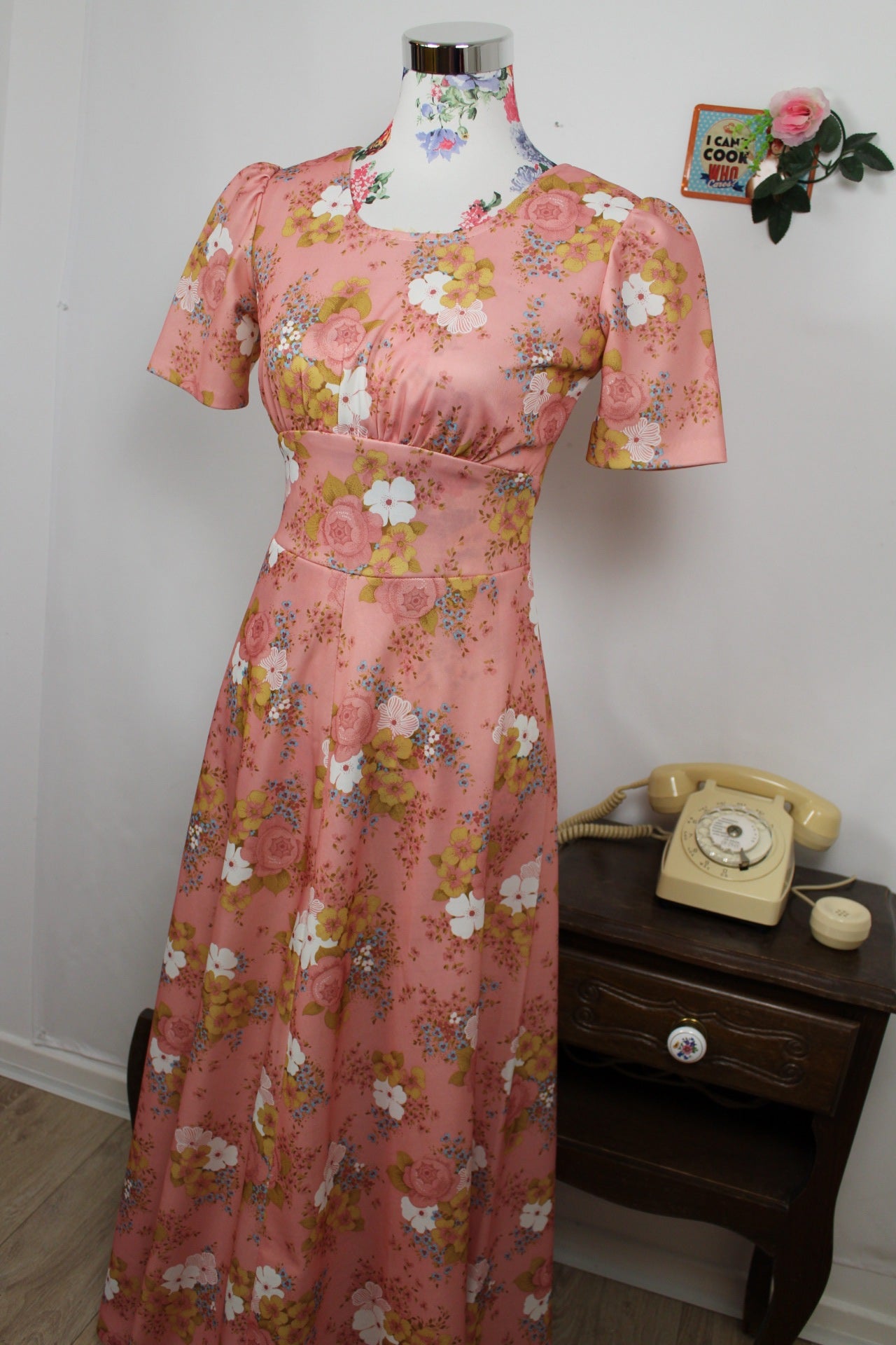 🌸🍒Robe longue vintage 70's bohème romantique rose poudrée fleurie - Taille 34/36🍒🌸