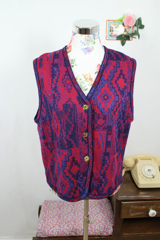 🌸🍒Gilet vintage Devernois Paris 80's - jacquard graphique bordeaux & violet - Taille 40/42🍒🌸