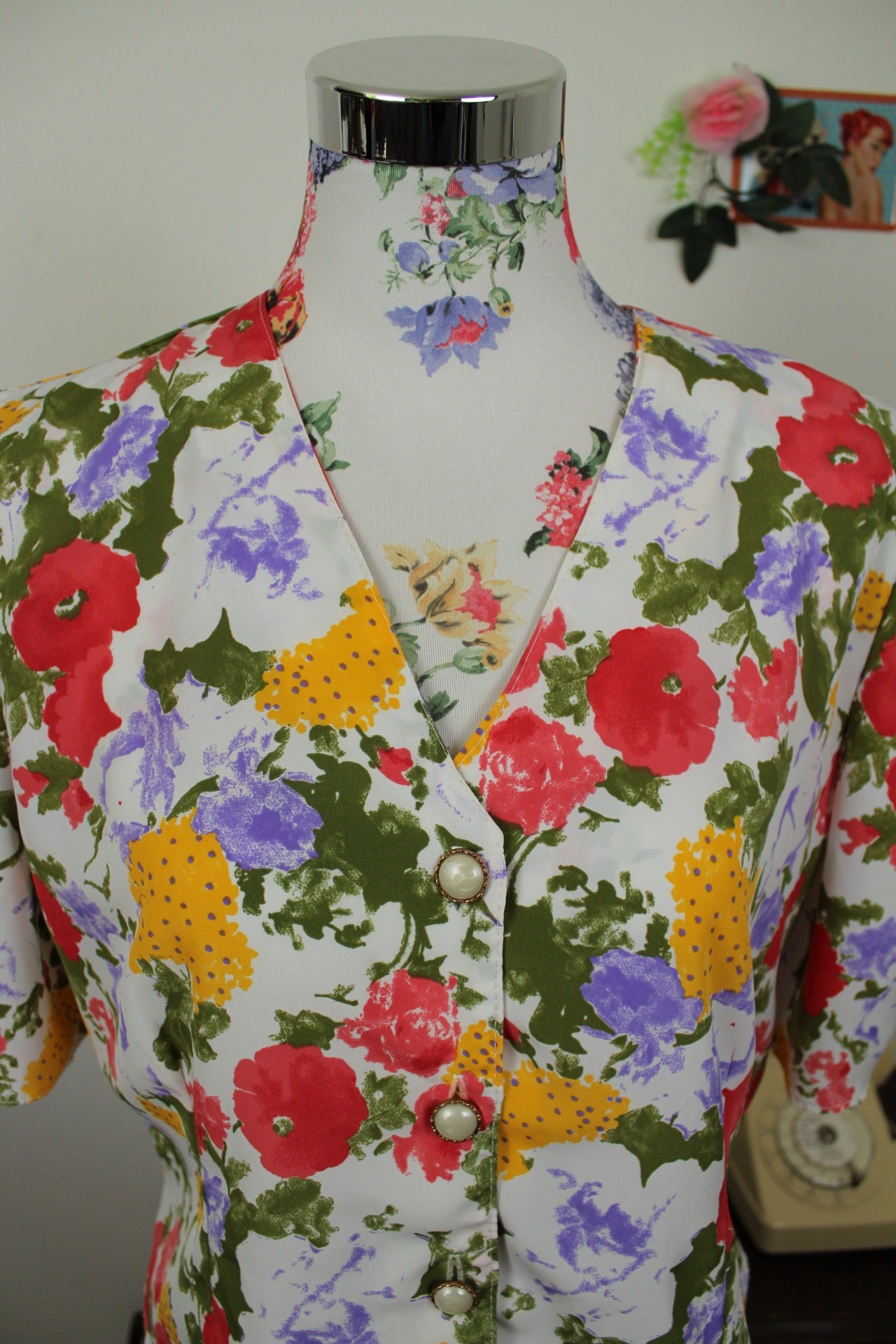 🌸🍒Blouse vintage 80's fleurie aquarelle & boutons bijoux nacrés - Taille 40/42🍒🌸