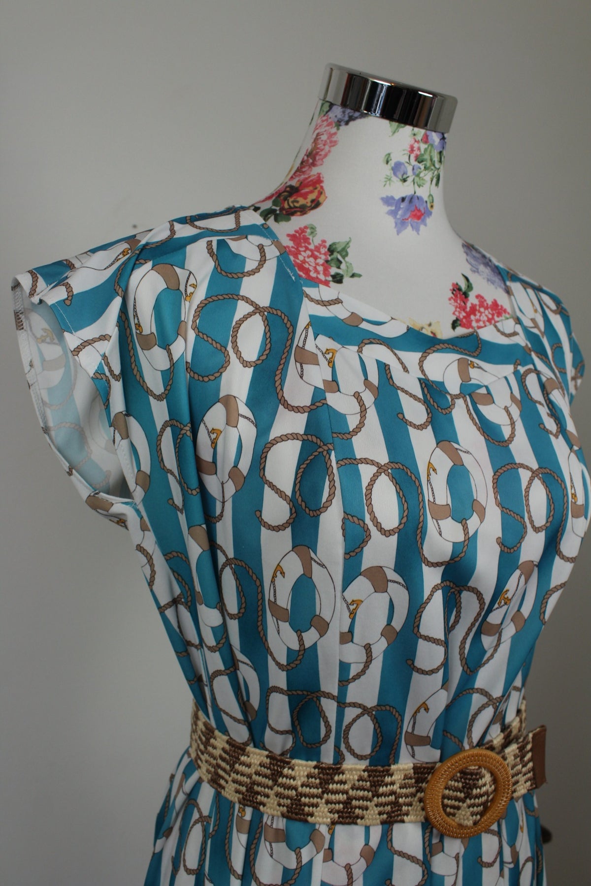 🌸🍒Robe vintage années 80 Navy rayures turquoises & motifs nautiques - Taille 38 à 42🍒🌸