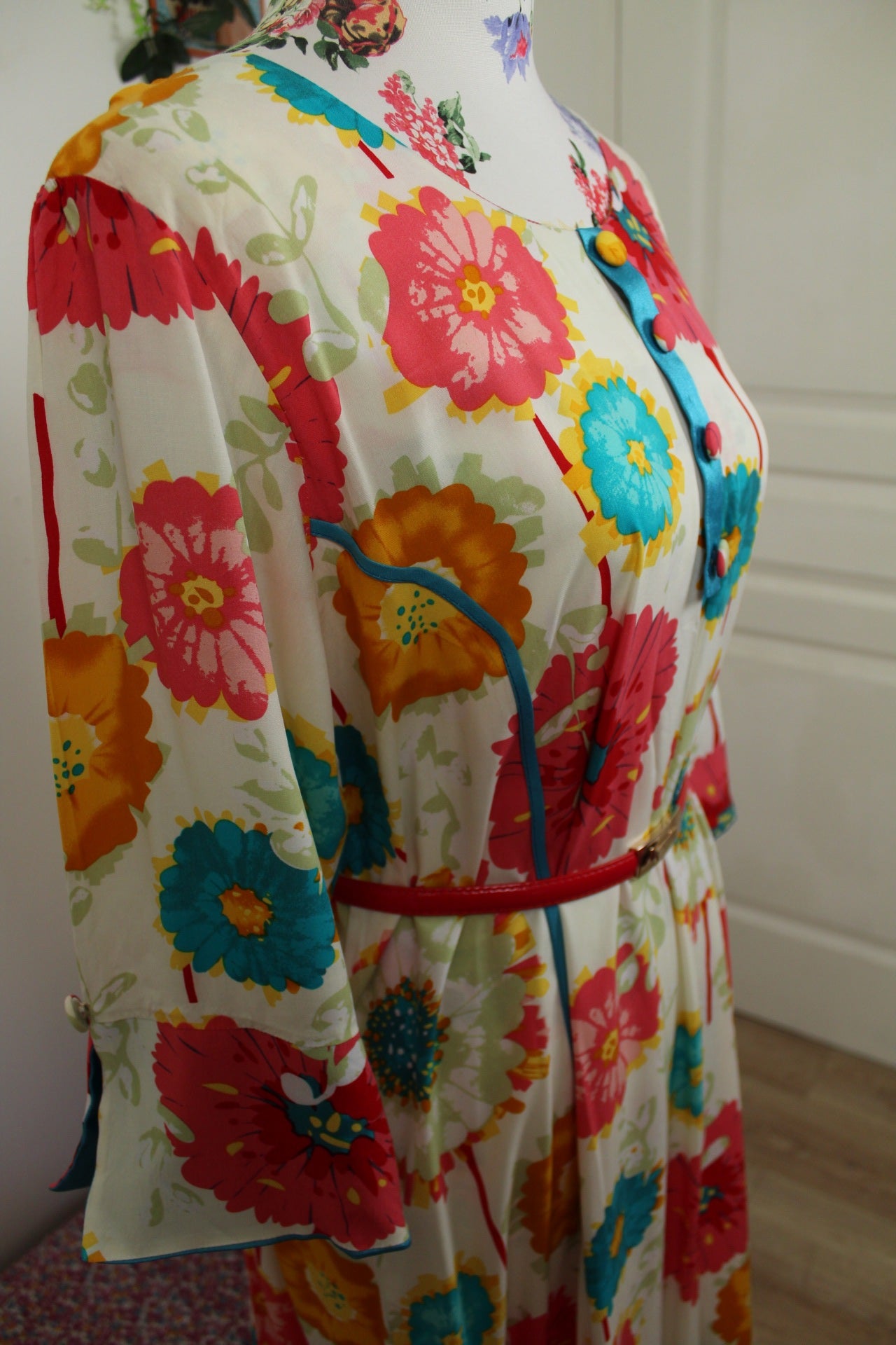 🌸🍒Robe vintage longue 70's hippie motif floral XXL coloré - T.42/44🍒🌸