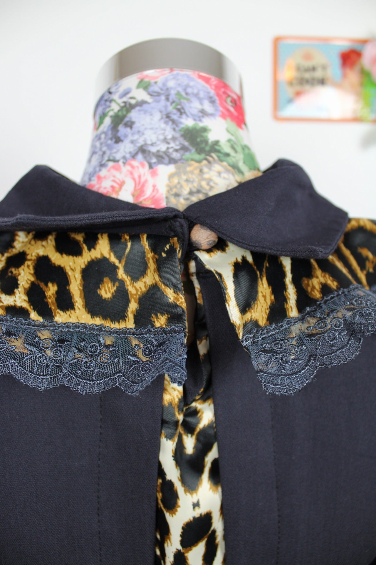 🌸Robe noire longue vintage 80's - empiècements léopard & dentelle - couture chic🍒