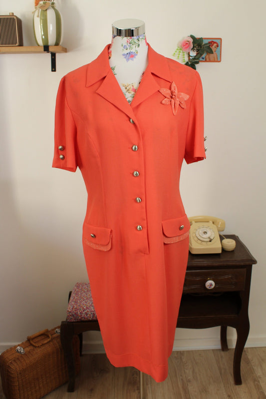 Robe vintage années 80 orange corail – Made in Spain style pin-up – Taille 40