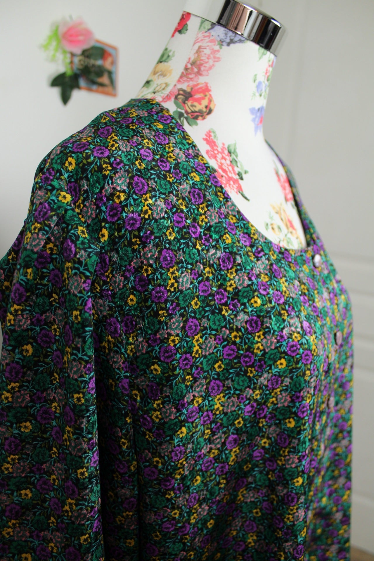 🌸🍒Blouse vintage 80/90s fait main fleurie - manches bouffantes & boutons nacrés - Taille 46/48🍒🌸