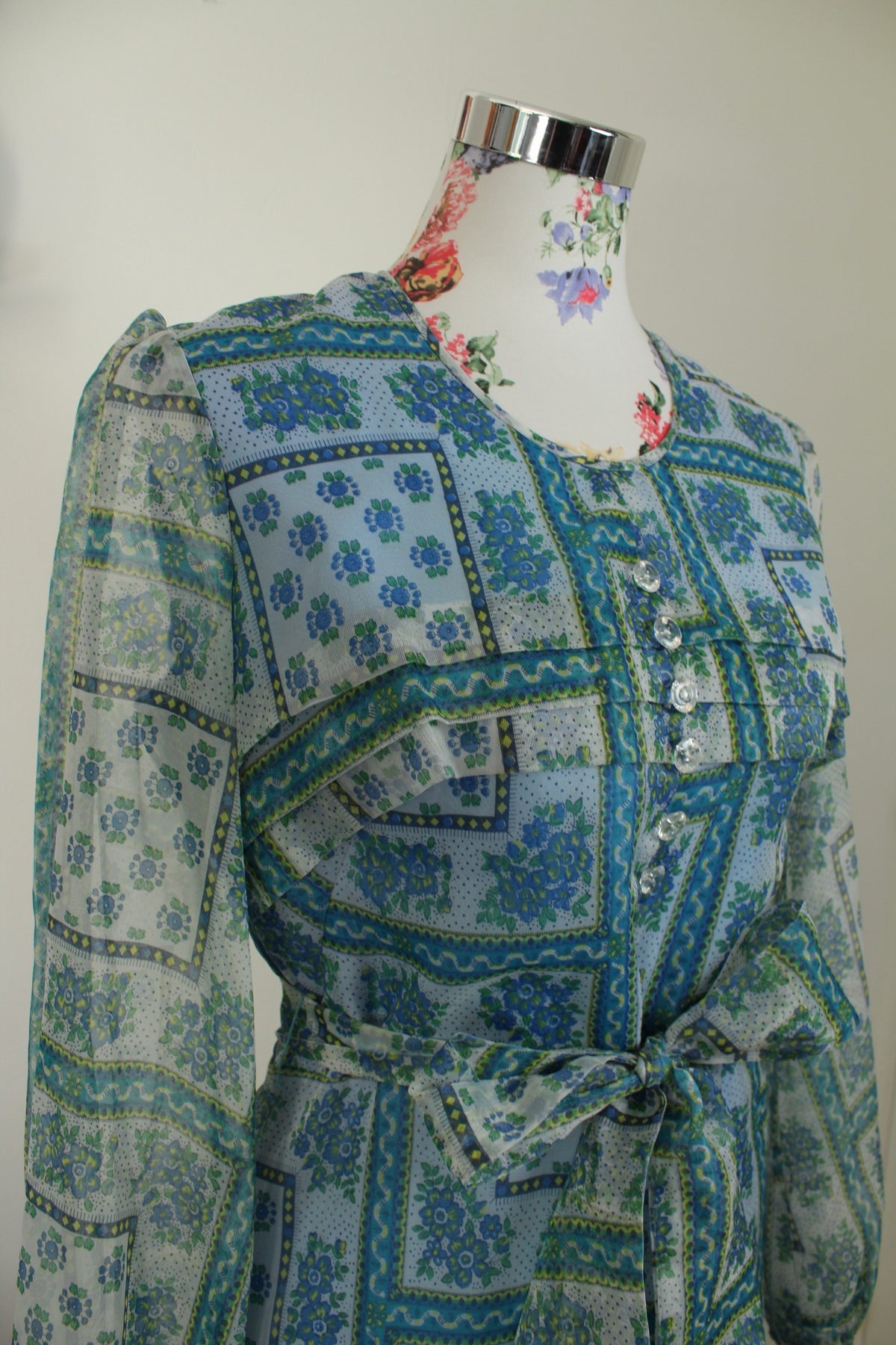 Robe midi vintage années 70 - bohème fleurie manches transparentes - Taille 38
