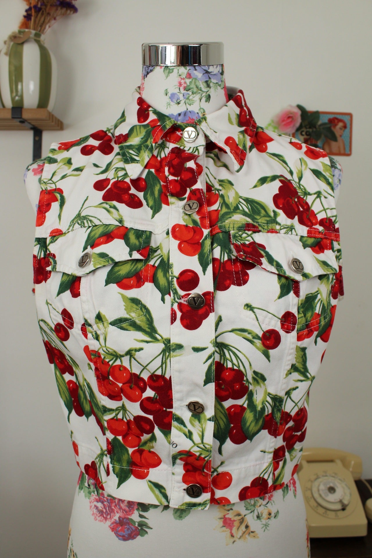 🌸🍒Veste sans manches Valentino Jeans imprimé de cerises - années 2000 Y2k - Taille 38🍒🌸