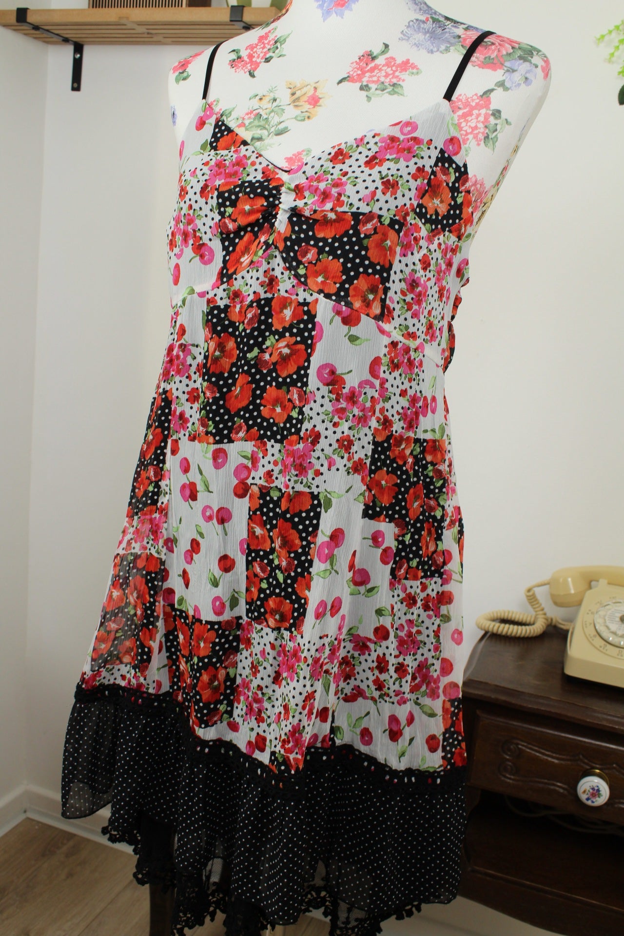 🌸🍒Robe patchwork cerises, coquelicots et pois - Patrice Bréal - Taille 38🍒🌸