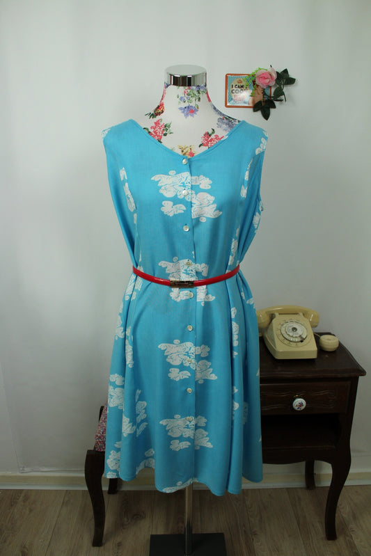 🌸🍒Robe vintage 90's midi bleu ciel & formes de nuages abstraits - Taille 42/44🍒🌸