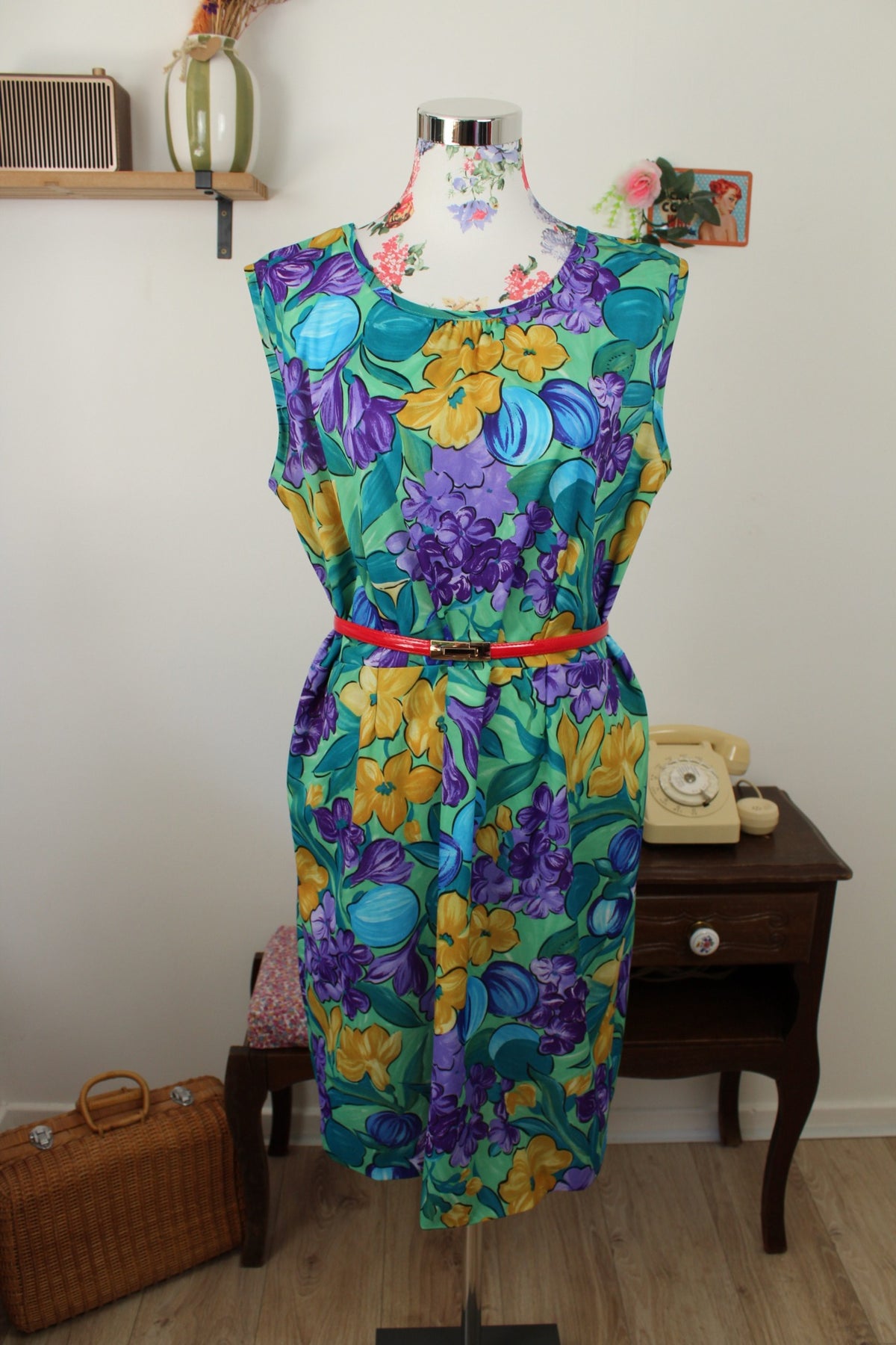 🌸🍒Robe vintage années 80/90 vert lumineux, fleurs & kiwi - Taille 44 à 48🍒🌸