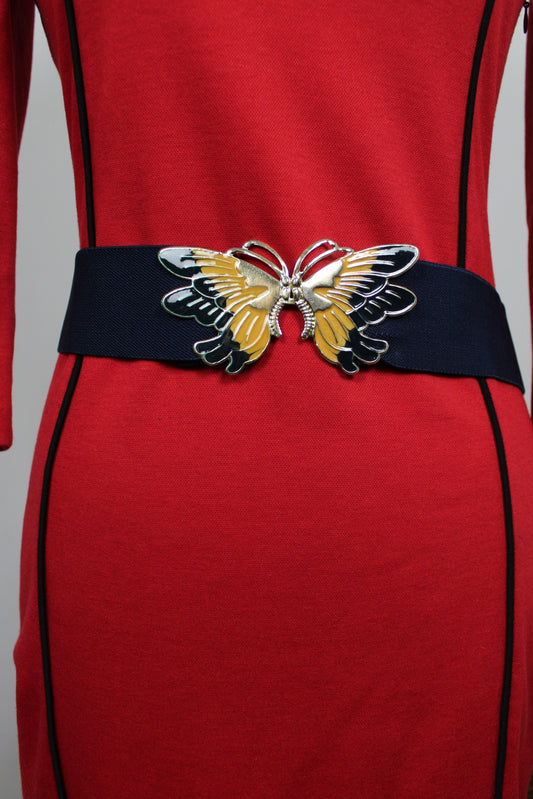 🌸🍒Ceinture vintage 90's élastique marine et fermoir papillon en métal doré - Taille 38 à 44🍒🌸