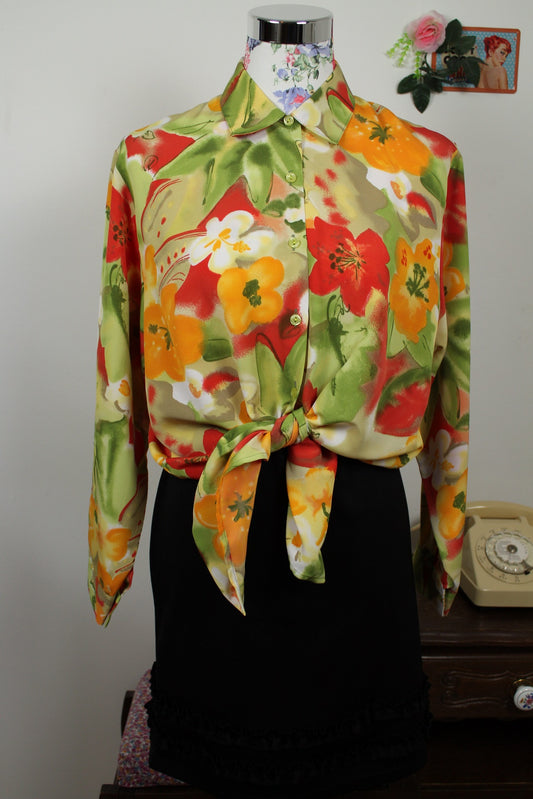 🍒🌸Chemise vintage 90s ultra colorée Mikava - fleurs en aquarelle - Taille 40/42🌸🍒