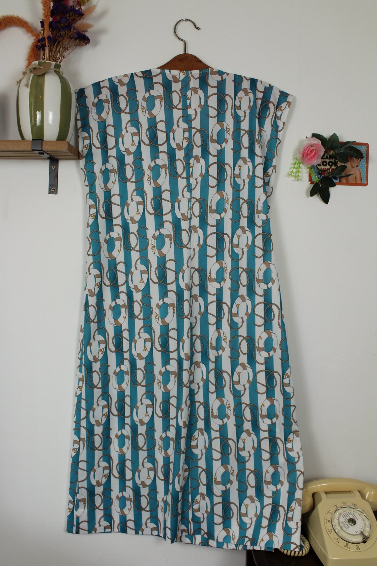 🌸🍒Robe vintage années 80 Navy rayures turquoises & motifs nautiques - Taille 38 à 42🍒🌸