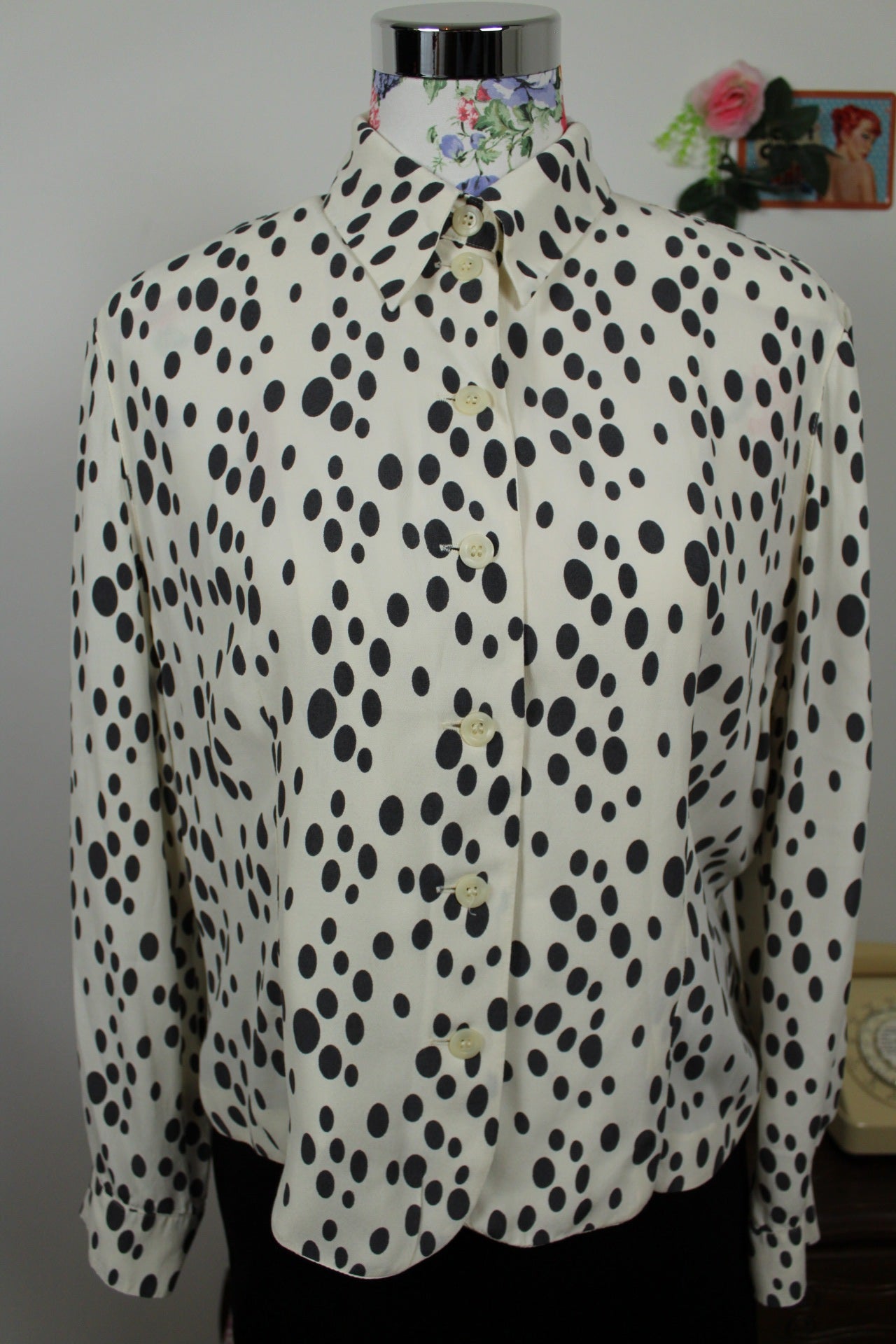 🌸🍒Chemise vintage Betty Barclay 80/90's - blanc écru & pois noir - Taille 40/42🍒🌸
